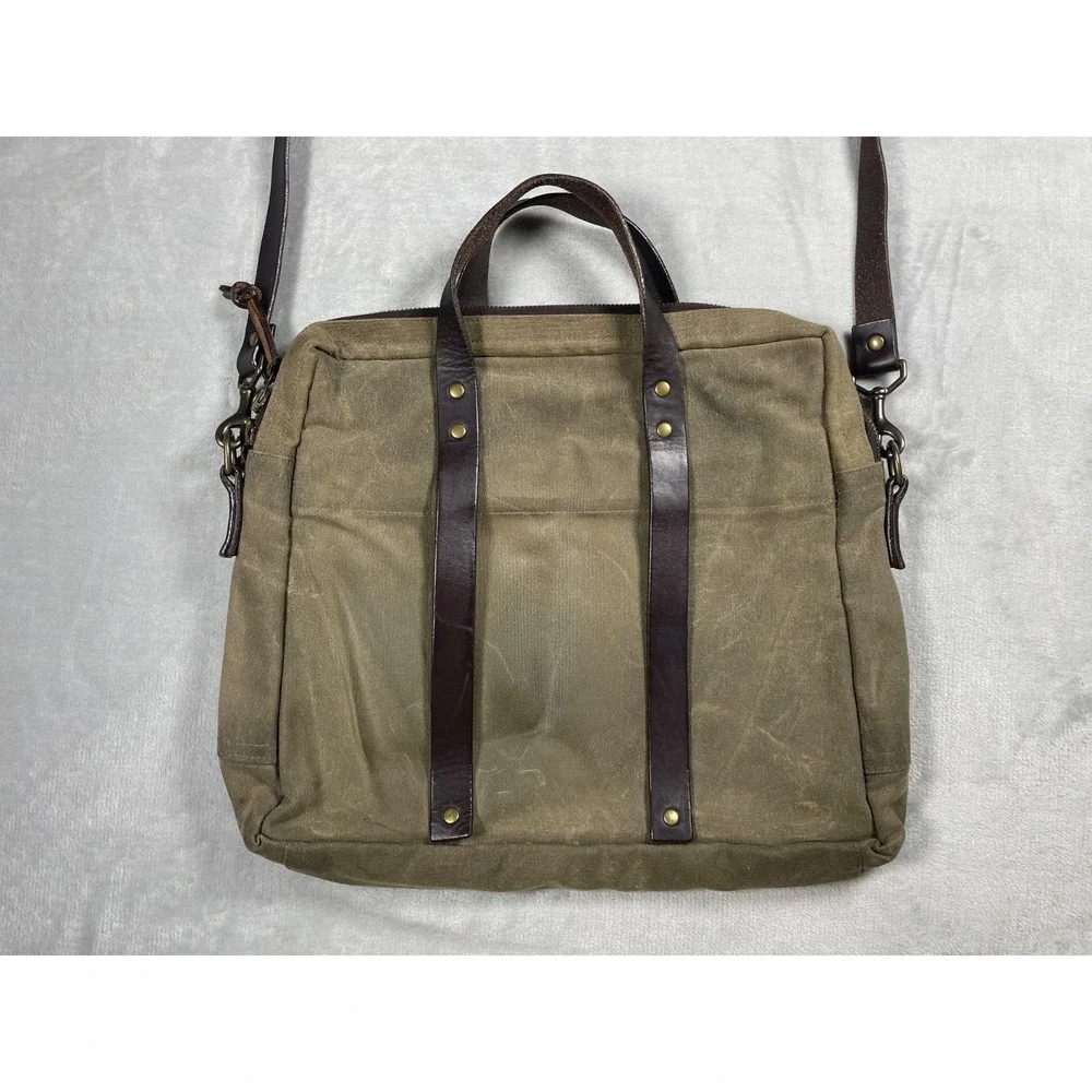 J. Stark Waxed Canvas Briefcase Messenger Bag Olive Brown Leather Strap USA
